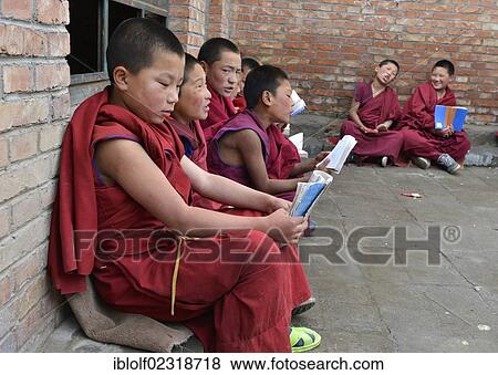 Stock Photo - "Young Tibetan novice monks in red robes reading religious texts, students at a Buddhist monastery, Tongren Monastery, Repkong, Qinghai, formerly Amdo, Tibet, China, Asia". Fotosearch