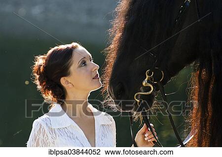 Stock Image - "Young woman holding a black Friesian horse, backlit, Northern Tyrol, Austria, Europe". Fotosearch