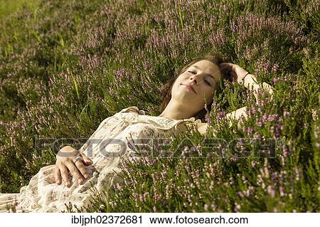 Stock Image - Young woman lying on a heather carpet. Fotosearch