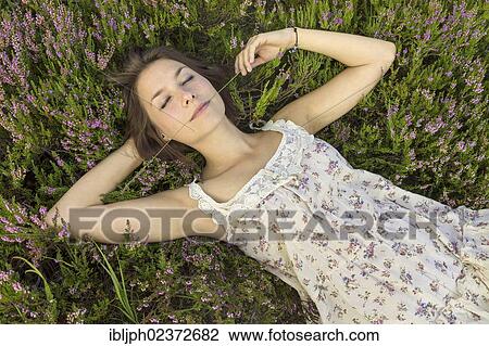 Young woman lying on a heather carpet View Large Photo Image Stock Image - Young woman lying on a heather carpet. Fotosearch