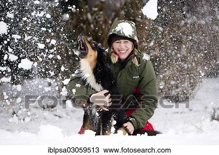 "Young woman playing with an Australian Shepherd dog in the snow, Austria, Europe" View Large Photo Image Stock Image - "Young woman playing with an Australian Shepherd dog in the snow, Austria, Europe". Fotosearch