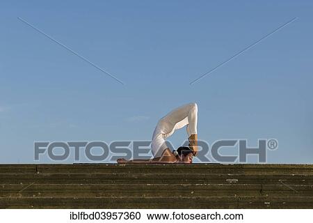 Stock Image - "Young woman practising Hatha yoga, outdoors, showing the pose poorna Shalabhasana, Full locust". Fotosearch
