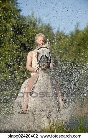 Young woman riding bareback on a Hanoverian horse through a lake View Large Photo Image Stock Image - Young woman riding bareback on a Hanoverian horse through a lake. Fotosearch