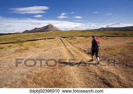 Stock Image - "Young woman trekking with a backpack, Krafla, North Iceland, Iceland, Europe". Fotosearch