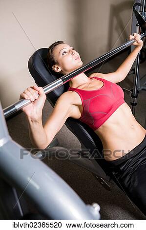 Young woman weightlifting in a gym View Large Photo Image Stock Image - Young woman weightlifting in a gym. Fotosearch
