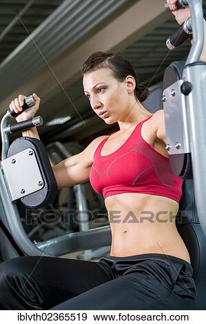 Young woman weightlifting in a gym View Large Photo Image Stock Photo - Young woman weightlifting in a gym. Fotosearch