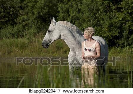 Stock Photo - Young woman with a Hanoverian horse in a lake. Fotosearch