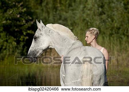 Young woman with a Hanoverian horse in a lake View Large Photo Image Stock Photograph - Young woman with a Hanoverian horse in a lake. Fotosearch