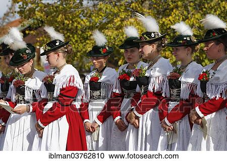 "Young women wearing traditional costume during the Leonhardiritt procession, Wildsteig, Pfaffenwinkel region, Upper Bavaria, Bavaria, Germany, Europe" View Large Photo Image Stock Image - "Young women wearing traditional costume during the Leonhardiritt procession, Wildsteig, Pfaffenwinkel region, Upper Bavaria, Bavaria, Germany, Europe". Fotosearch