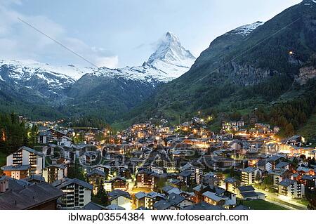 Picture - "Zermatt in the Matter valley with the Matterhorn, at dusk, Zermatt, Canton of Valais, Switzerland, Europe". Fotosearch