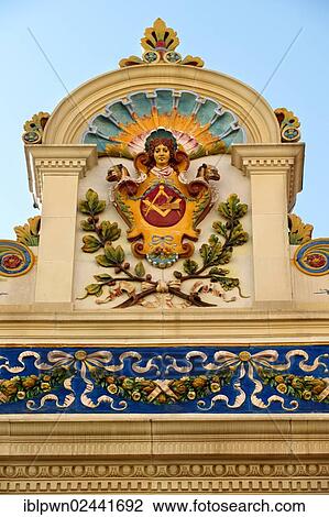 Stock Image - "Zsolnay architectural ornament on the old Zoltan Csukas furniture business, Pecs, Pecs 2010 European Capital of Culture, Hungary, Europe". Fotosearch