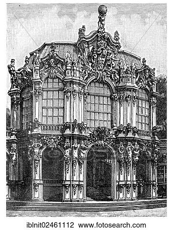 Stock Image - "Zwinger in Dresden by D. Poeppelmann, central pavilion of the east side, from 1711 to 1722, illustration, Meyers Konversations-Lexikon encyclopedia, 1897". Fotosearch