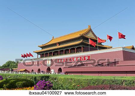 肖像画 の 毛沢東 天空の平和の天安門のゲート 天安門広場 北京 中華人民共和国 写真館 イメージ館 Ibxsau Fotosearch