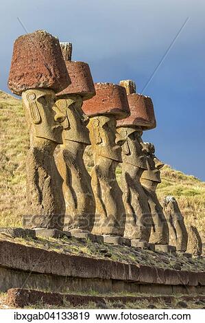 Stock Photo - Ahu Nao-Nao Moais, Anakena, Rapa Nui National Park, Unesco World Heritage Site, Easter Island, Chile, South America. Fotosearch