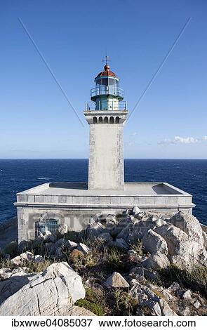 Stock Photo - Akrotiri Tenaro Lighthouse at the southernmost point of the Peloponnese, Cape Matapan or Cape Tenaro, Mani Peninsula, Peloponnese, Greece, Europe. Fotosearch