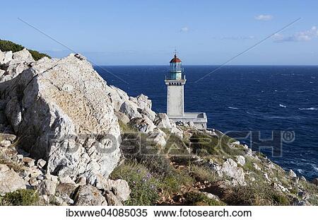 Stock Photography - Akrotiri Tenaro Lighthouse at the southernmost point of the Peloponnese, Cape Matapan or Cape Tenaro, Mani Peninsula, Peloponnese, Greece, Europe. Fotosearch