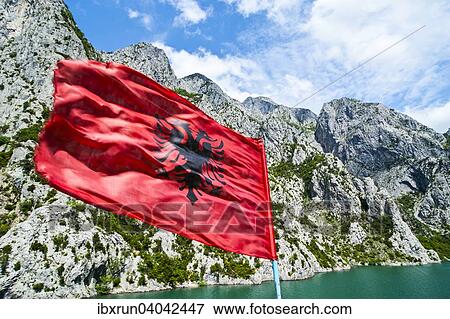 Albanian flag on the Koman water reservoir, Balkan, Albania, Europe View Large Photo Image Stock Photo - Albanian flag on the Koman water reservoir, Balkan, Albania, Europe. Fotosearch