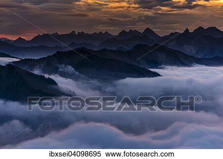 Allgau mountains with sea of fog at sunrise, Au, Bregenz Forest, Vorarlberg, Austria, Europe View Large Photo Image Stock Photography - Allgau mountains with sea of fog at sunrise, Au, Bregenz Forest, Vorarlberg, Austria, Europe. Fotosearch