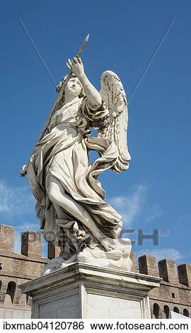 Stock Photograph - Angel statue with lance on the Ponte Sant'Angelo, Rome, Lazio, Italy, Europe. Fotosearch