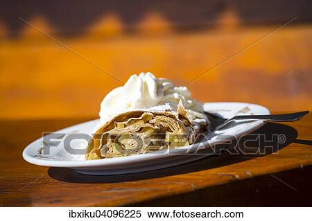 Stock Photography - Apple strudel, Berghaus Fluhalp, Matter valley, Zermatt, Canton of Valais, Switzerland, Europe. Fotosearch