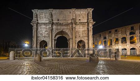 Stock Photograph - Arch of Costantine and Colosseum by night, Rome, Lazio, Italy, Europe. Fotosearch