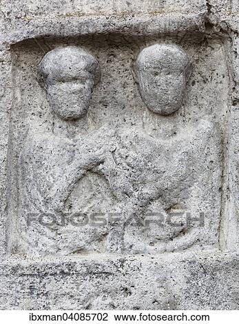 Stock Image - Attila Stone, Roman portrait stela of Marcus Attilus Amoenus, Sankt Georgen am Leithagebirge, Eisenstadt, Northern Burgenland, Burgenland, Austria, Europe. Fotosearch