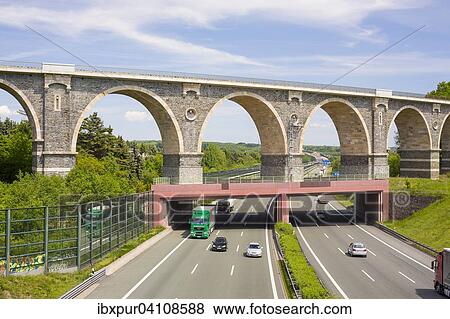 Stock Photo - Bahrebachmuhle viaduct, three-lane A4 motorway between Chemnitz-Glosa and Chemnitz-Mitte, Chemnitz, Saxony, Germany, Europe. Fotosearch