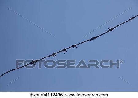 Stock Photograph - Barbed wire against blue sky, Germany, Europe. Fotosearch