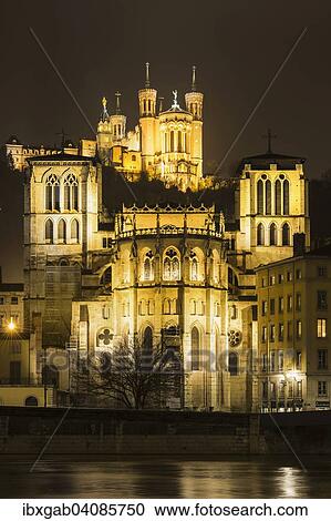 Basilica of Notre-Dame de Fourviere at night, Lyon, Rhone-Alpes, France, Europe View Large Photo Image Stock Image - Basilica of Notre-Dame de Fourviere at night, Lyon, Rhone-Alpes, France, Europe. Fotosearch