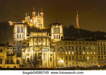 Stock Photo - Basilica of Notre-Dame de Fourviere at night, Lyon, Rhone-Alpes, France, Europe. Fotosearch