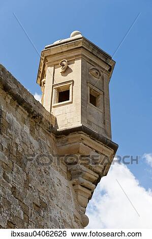 Bastion with watch tower, with ear and eye symbols, vedette, gardjola, Senglea, Malta, Europe View Large Photo Image Stock Photograph - Bastion with watch tower, with ear and eye symbols, vedette, gardjola, Senglea, Malta, Europe. Fotosearch