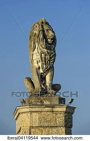 Picture - Bavarian Lion at the port entrance, port, Lake Constance, Lindau, Swabia, Bavaria, Germany, Europe. Fotosearch