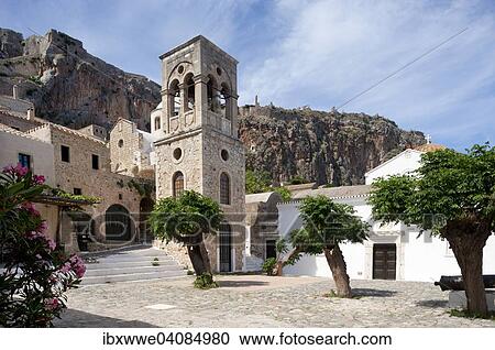 Bell tower of the Byzantine Greek Orthodox Church of Christos Elkomenos, Church of Christ in Chains, medieval fortified village, Monemvasia, Laconia, Peloponnese, Greece, Europe View Large Photo Image Stock Image - Bell tower of the Byzantine Greek Orthodox Church of Christos Elkomenos, Church of Christ in Chains, medieval fortified village, Monemvasia, Laconia, Peloponnese, Greece, Europe. Fotosearch
