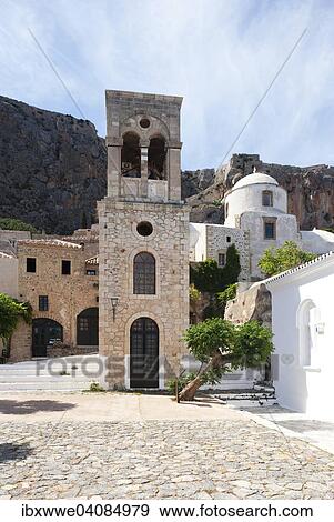 Bell tower of the Byzantine Greek Orthodox Church of Christos Elkomenos, Church of Christ in Chains, medieval fortified village, Monemvasia, Laconia, Peloponnese, Greece, Europe View Large Photo Image Stock Photo - Bell tower of the Byzantine Greek Orthodox Church of Christos Elkomenos, Church of Christ in Chains, medieval fortified village, Monemvasia, Laconia, Peloponnese, Greece, Europe. Fotosearch