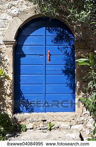 Stock Photography - Blue front door, medieval fortified village, Monemvasia, Laconia, Peloponnese, Greece, Europe. Fotosearch