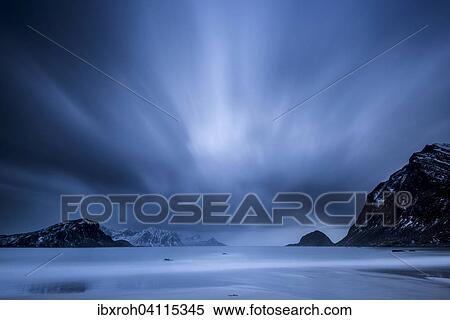 Blue Hour at the beach of Haukland, Lofoten, Norway, Europe View Large Photo Image Stock Photography - Blue Hour at the beach of Haukland, Lofoten, Norway, Europe. Fotosearch
