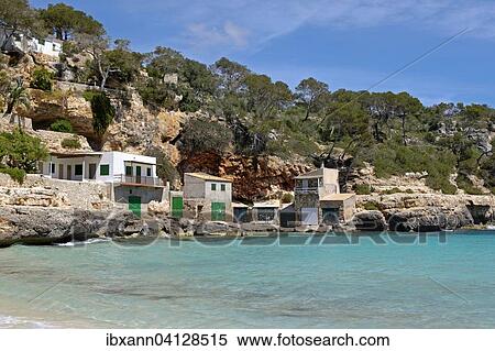 Boathouses, Cala Llombards, Majorca, Balearic Islands, Spain, Europe View Large Photo Image Stock Photography - Boathouses, Cala Llombards, Majorca, Balearic Islands, Spain, Europe. Fotosearch