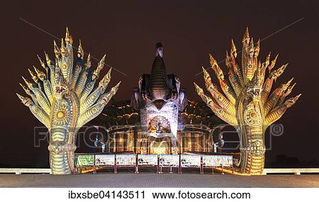 Bridge of the two Naga kings to the Elephant Temple Thep Wittayakhom Vihara, Wittayakom, at night, Wat Baan Rai, Korat, Nakhon Ratchasima Province, Isaan, Isan, Thailand, Asia View Large Photo Image Stock Image - Bridge of the two Naga kings to the Elephant Temple Thep Wittayakhom Vihara, Wittayakom, at night, Wat Baan Rai, Korat, Nakhon Ratchasima Province, Isaan, Isan, Thailand, Asia. Fotosearch