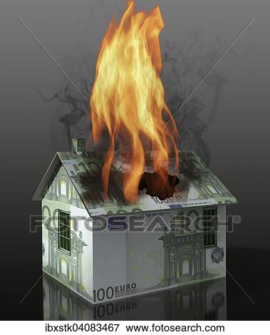 Burning house made of Euro notes illustration View Large Photo Image Stock Photo - Burning house made of Euro notes illustration. Fotosearch