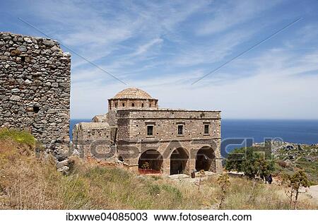 Stock Image - Byzantine church of Agia Sophia, medieval fortified village, Monemvasia, Laconia, Peloponnese, Greece, Europe. Fotosearch