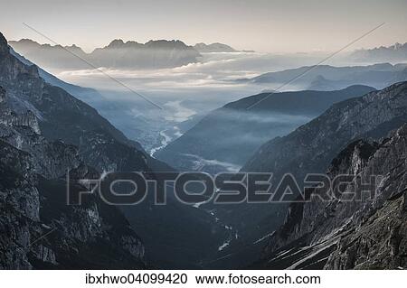 Stock Image - Cadore valley views from the Tre Cime di Lavaredo area, Dolomites, Veneto, Italy, Europe. Fotosearch