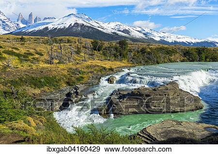 Cascade, Cuernos del Paine behind, Torres del Paine National Park, Chilean Patagonia, Chile, South America View Large Photo Image Stock Photo - Cascade, Cuernos del Paine behind, Torres del Paine National Park, Chilean Patagonia, Chile, South America. Fotosearch