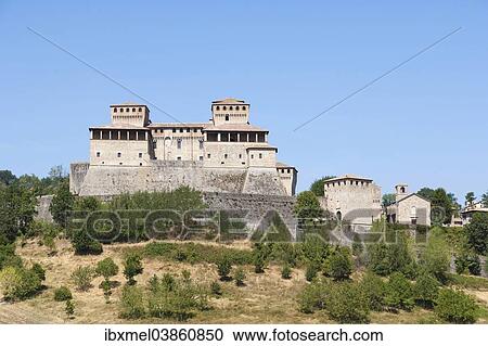 Stock Image - Castello di Torrechiara, Torrechiara Castle, Torrechiara, Langhirano, Parma, Emilia Romagna, Northern Italy, Italy, Europe. Fotosearch