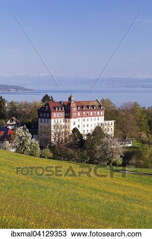 Stock Image - Castle Spetzgart, Lake Constance and the Alps behind, Uberlingen, Baden-Wurttemberg, Germany, Europe. Fotosearch