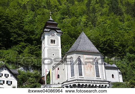 Catholic Church, UNESCO World Heritage Site, Hallstatt-Dachstein Salzkammergut Cultural Landscape, Hallstatt, Salzkammergut, Upper Austria, Austria, Europe View Large Photo Image Picture - Catholic Church, UNESCO World Heritage Site, Hallstatt-Dachstein Salzkammergut Cultural Landscape, Hallstatt, Salzkammergut, Upper Austria, Austria, Europe. Fotosearch