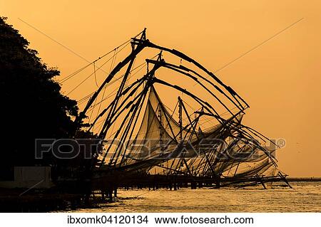 Picture - Chinese fishing nets, sunset, Arabian Sea coast, Kochi, Kerala, South India, India, Asia. Fotosearch