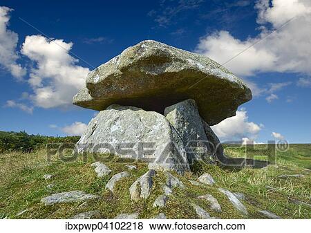 Stock Photo - Chun Quoit, megalithic burial dolmen from the Neolithic period, circa 2400 BC, near Morvah on the Chun Nature Reserve, Penwith peninsula, Cornwall, England, Great Britain. Fotosearch