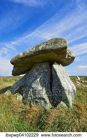 Stock Photo - Chun Quoit, megalithic burial dolmen from the Neolithic period, circa 2400 BC, near Morvah on the Chun Nature Reserve, Penwith peninsula, Cornwall, England, Great Britain. Fotosearch