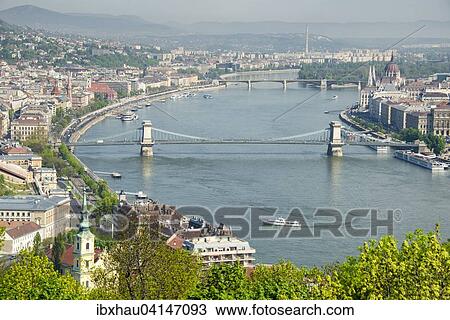 Stock Image - Cityscape with Danube and Chain Bridge, Budapest, Hungary, Europe. Fotosearch