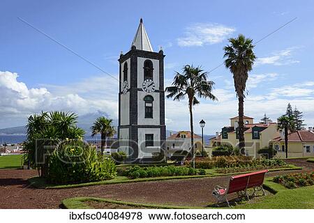Stock Photo - Clock tower Torre do Relogio, Jardim de Florecio Terra park, Horta, Faial, Azores, Portugal, Europe. Fotosearch